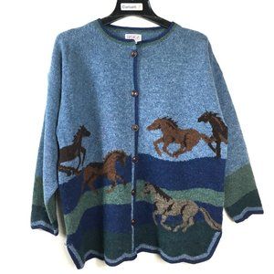 Pbj Sport 0 Wool Horse Cardigan Vtg 